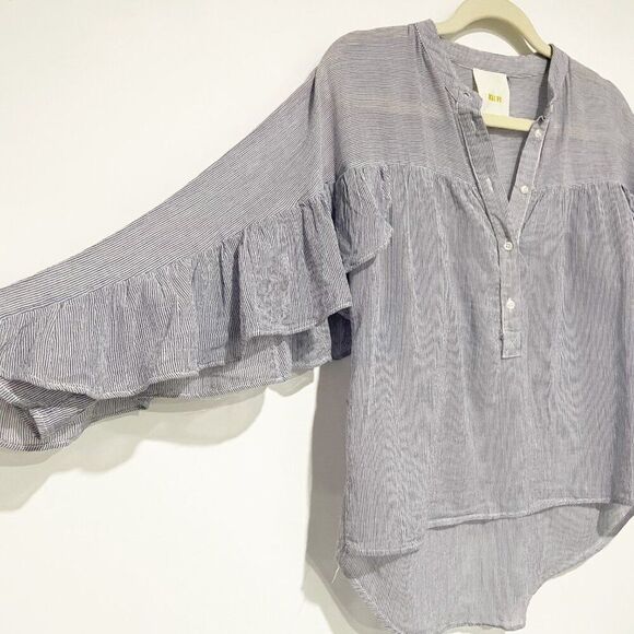 Anthro Mave Women's Blue Stripped Pull Over Ruffled Sleeves XS P Boho Preppy - Picture 2 of 10